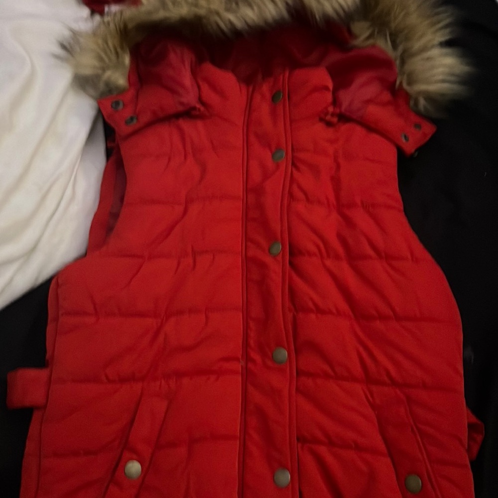 Red puffer jacket